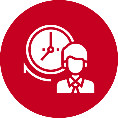 Person and clock icon on red background.