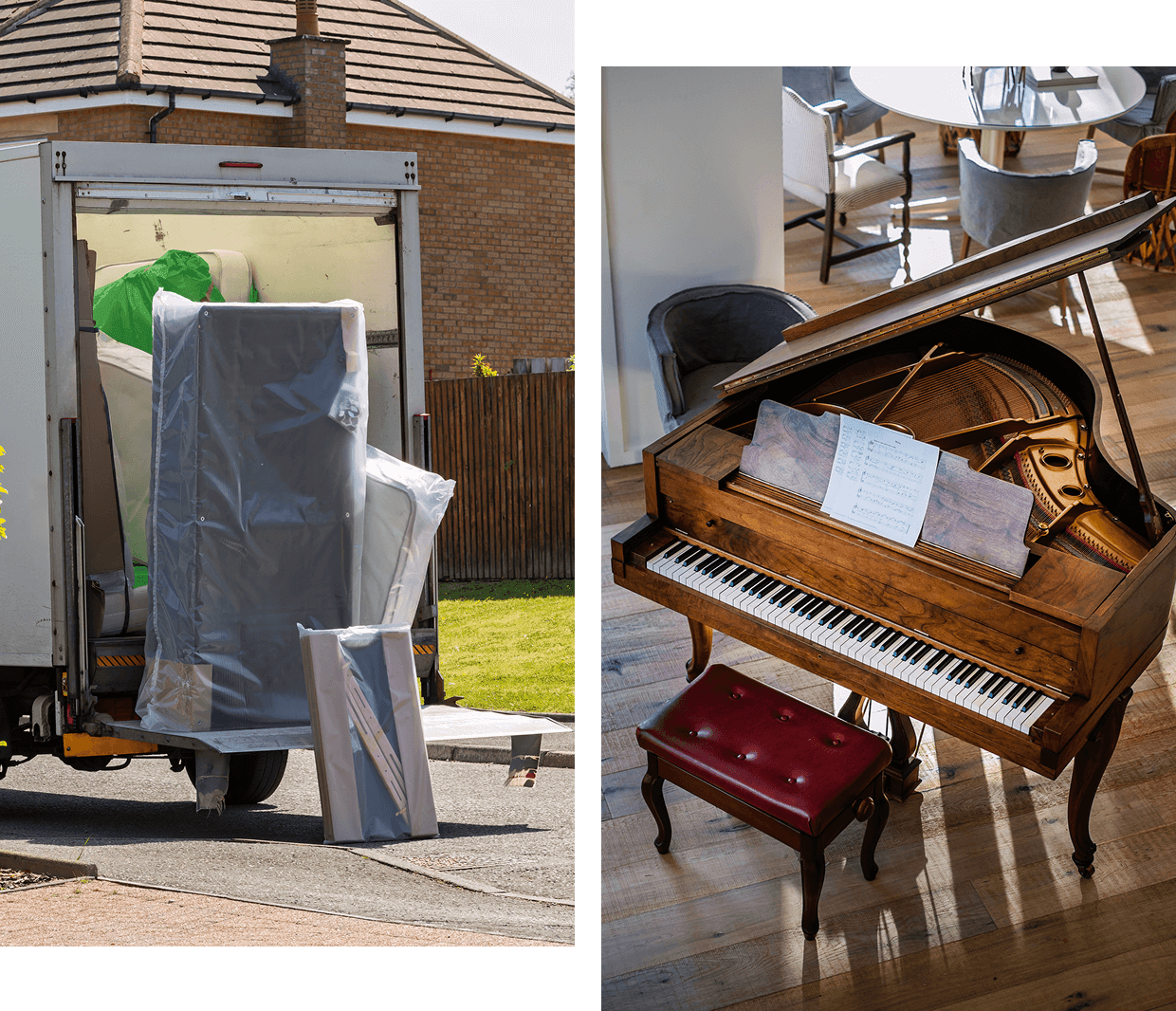 Moving truck and grand piano indoors.