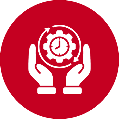 Hands holding clock and gear icon.