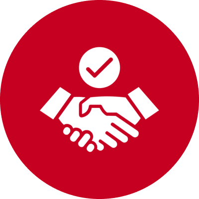 Handshake icon with checkmark on red background.