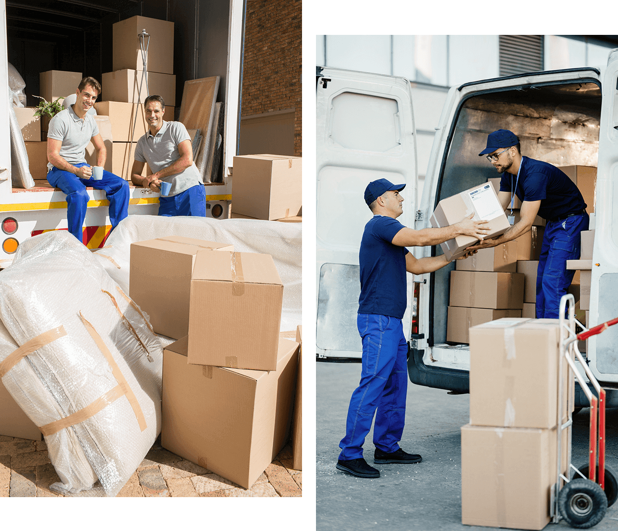 Movers loading and unloading cardboard boxes.