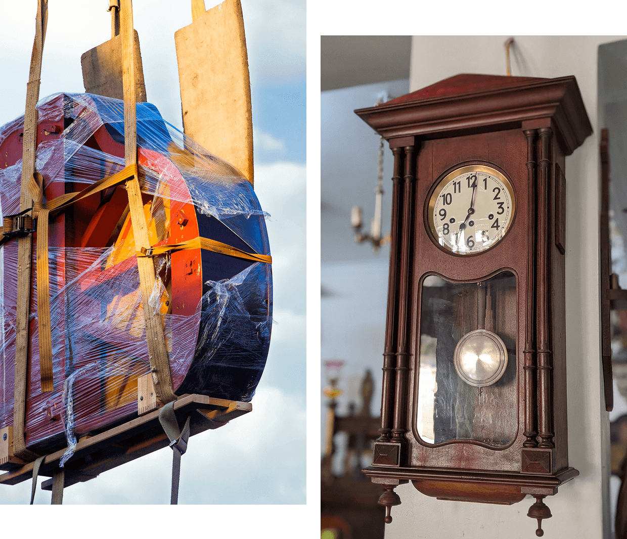 Wrapped object lifted; vintage wall clock displayed.