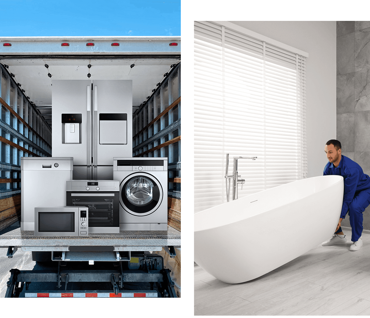 Appliances in truck, man moving bathtub indoors.